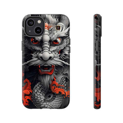 iPhone 14 | 14 Pro | 14 Plus | 14 Pro Max | 15 | 15 Pro | 15 Plus | 15 Pro Max β Dragon,Fantasy,RedAccents,SakugaStyle β front-and-side