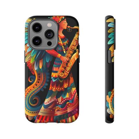 iPhone 14 | 14 Pro | 14 Plus | 14 Pro Max | 15 | 15 Pro | 15 Plus | 15 Pro Max – Angel,Folkart,Saxophone,Vibrant – front-and-side
