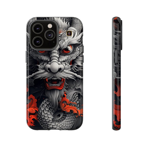 iPhone 14 | 14 Pro | 14 Plus | 14 Pro Max | 15 | 15 Pro | 15 Plus | 15 Pro Max – Dragon,Fantasy,RedAccents,SakugaStyle – front-and-side