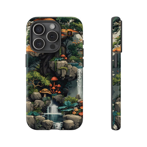 iPhone 14 | 14 Pro | 14 Plus | 14 Pro Max | 15 | 15 Pro | 15 Plus | 15 Pro Max – Enchanted,Island,Mushrooms,Waterfalls – front-and-side