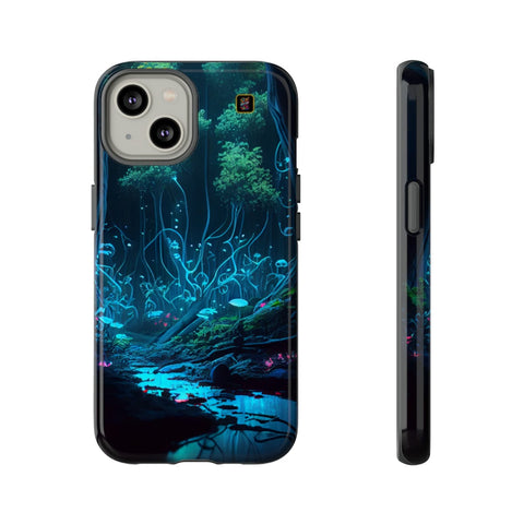 iPhone 14 | 14 Pro | 14 Plus | 14 Pro Max | 15 | 15 Pro | 15 Plus | 15 Pro Max– Bioluminescent,Enchanted,Forest,Mushrooms – front-and-side