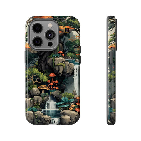 iPhone 14 | 14 Pro | 14 Plus | 14 Pro Max | 15 | 15 Pro | 15 Plus | 15 Pro Max – Enchanted,Island,Mushrooms,Waterfalls – front-and-side