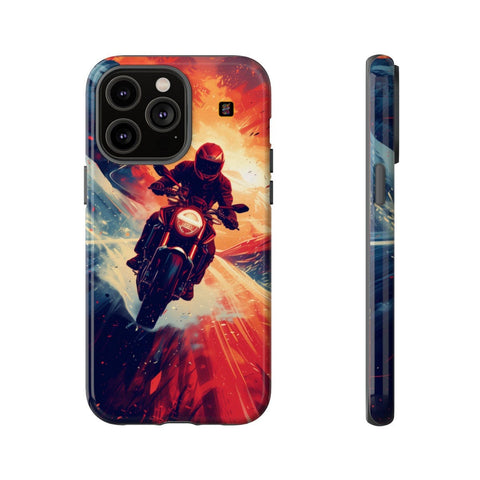 iPhone 14 | 14 Pro | 14 Plus | 14 Pro Max | 15 | 15 Pro | 15 Plus | 15 Pro Max – Adventure,Motorcycle,Sunset,Vector – front-and-side