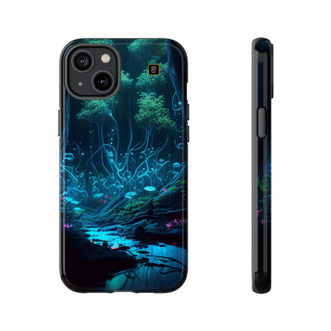 iPhone 14 | 14 Pro | 14 Plus | 14 Pro Max | 15 | 15 Pro | 15 Plus | 15 Pro Max – Bioluminescent,Enchanted,Forest,Mushrooms – front-and-side