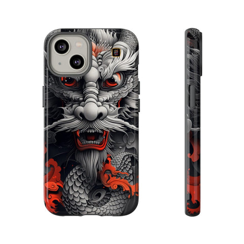 iPhone 14 | 14 Pro | 14 Plus | 14 Pro Max | 15 | 15 Pro | 15 Plus | 15 Pro Max– Dragon,Fantasy,RedAccents,SakugaStyle – front-and-side