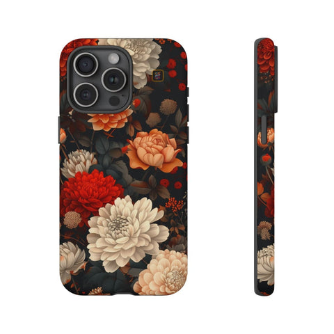 iPhone 14 | 14 Pro | 14 Plus | 14 Pro Max | 15 | 15 Pro | 15 Plus | 15 Pro Max – CherryBlossoms,Chrysanthemums,FloralWallpaper,IntricateDesign – front-and-side