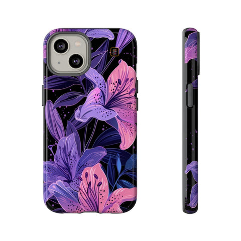 iPhone 14 | 14 Pro | 14 Plus | 14 Pro Max | 15 | 15 Pro | 15 Plus | 15 Pro Max– DarkFantasy,Floral,Intricate,Lilies – front-and-side