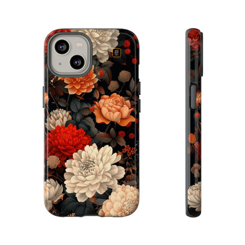 iPhone 14 | 14 Pro | 14 Plus | 14 Pro Max | 15 | 15 Pro | 15 Plus | 15 Pro Max– CherryBlossoms,Chrysanthemums,FloralWallpaper,IntricateDesign – front-and-side