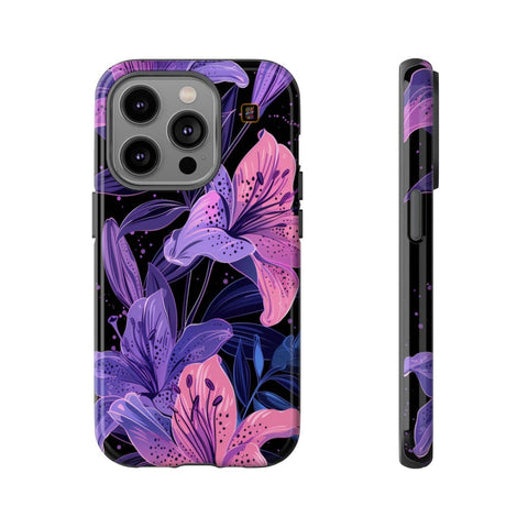 iPhone 14 | 14 Pro | 14 Plus | 14 Pro Max | 15 | 15 Pro | 15 Plus | 15 Pro Max – DarkFantasy,Floral,Intricate,Lilies – front-and-side