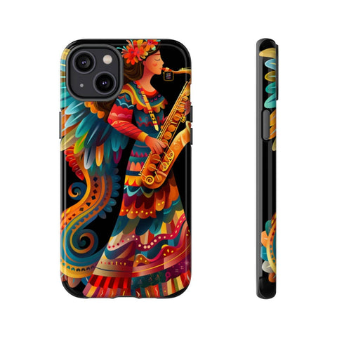 iPhone 14 | 14 Pro | 14 Plus | 14 Pro Max | 15 | 15 Pro | 15 Plus | 15 Pro Max – Angel,Folkart,Saxophone,Vibrant – front-and-side