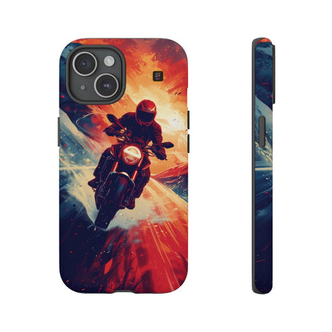 iPhone 14 | 14 Pro | 14 Plus | 14 Pro Max | 15 | 15 Pro | 15 Plus | 15 Pro Max – Adventure,Motorcycle,Sunset,Vector – front-and-side